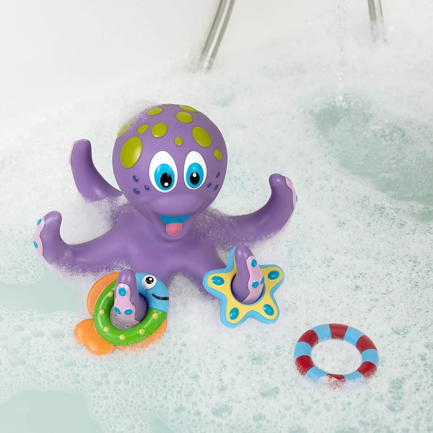 Nuby Floating Purple Octopus with 3 Hoopla Rings Interactive Bath Toy