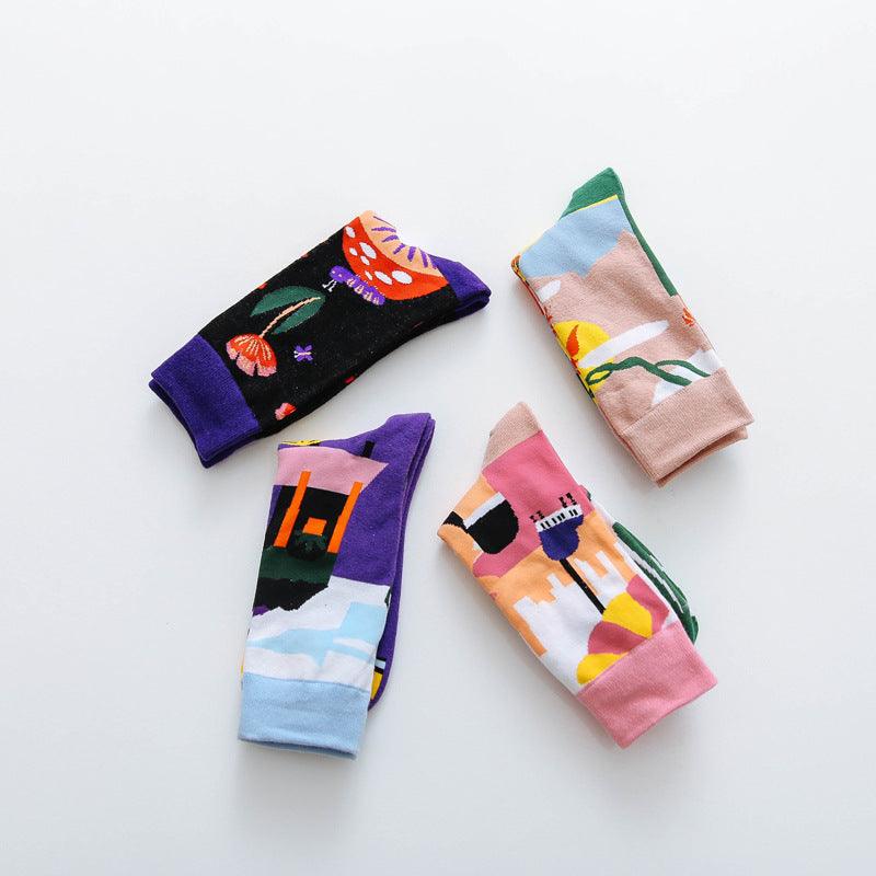 Occident Fashion Colorful Print Socks Women with Mushroom Spring Woman Socks Breathable Cotton Socks For Women