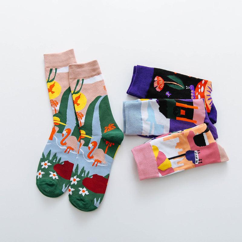 Occident Fashion Colorful Print Socks Women with Mushroom Spring Woman Socks Breathable Cotton Socks For Women