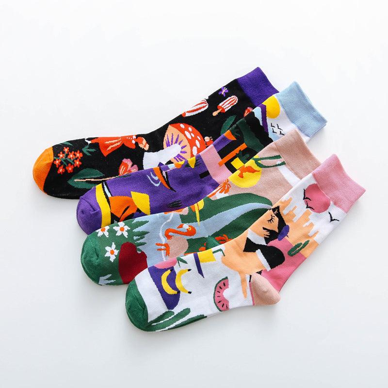 Occident Fashion Colorful Print Socks Women with Mushroom Spring Woman Socks Breathable Cotton Socks For Women
