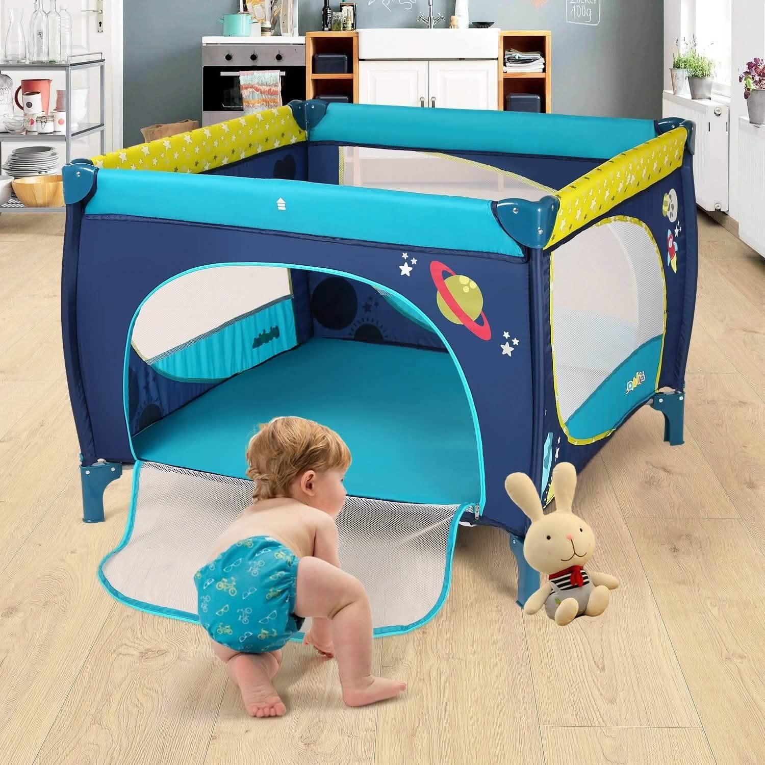 Odoland 39''x 39'' Infant Toddler Foldable Playpen Playard With Mattress Rail Fence Blue
