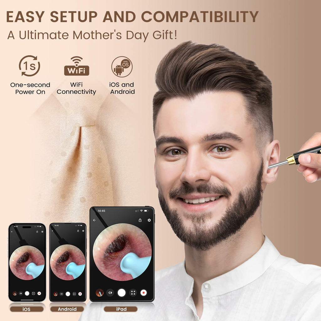 P8 Ear Cleaner Camera 1296P HD WiFi Otoscope Light Gold New