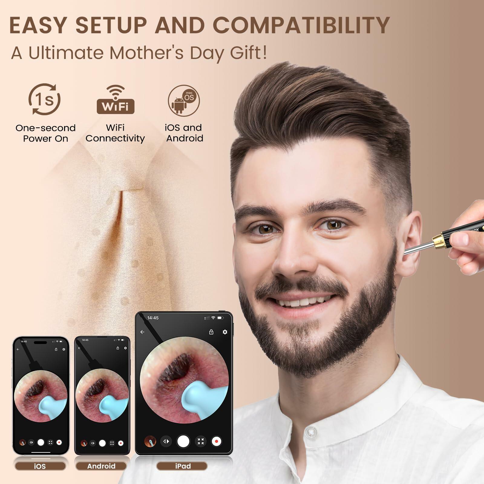P8 Ear Cleaner Camera 1296P HD WiFi Otoscope Light Gold New
