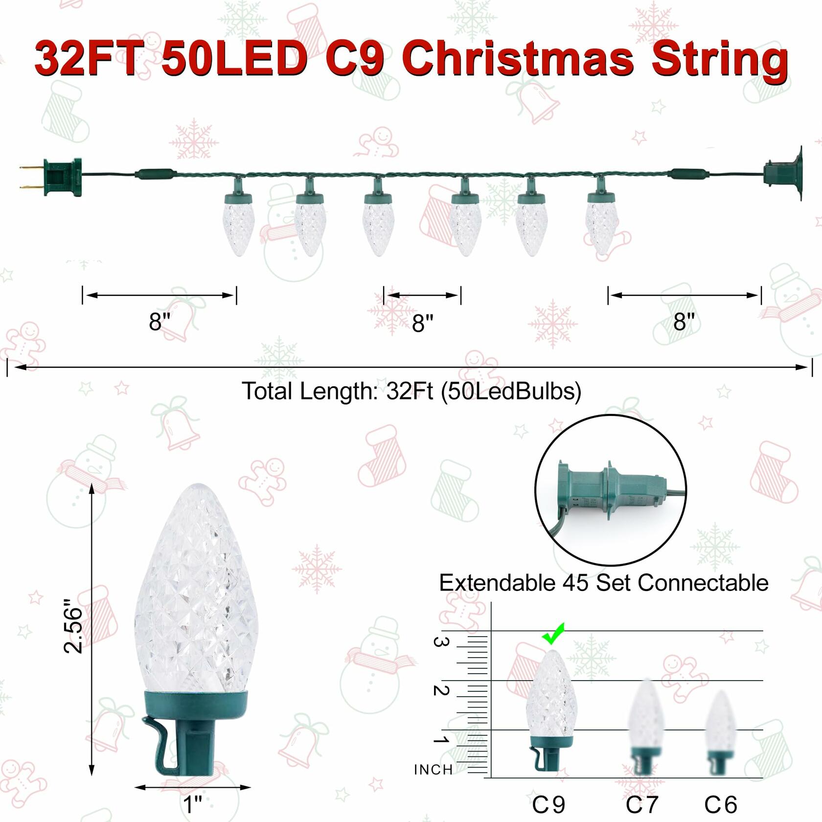 C9 LED Christmas Lights Outdoor 50 LED 32FT Warm White Plug-in Strand