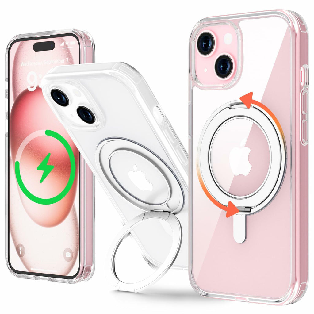 JASBON iPhone 15 Case 6.1 Clear Magnetic Kickstand 360° Rotatable Shockproof