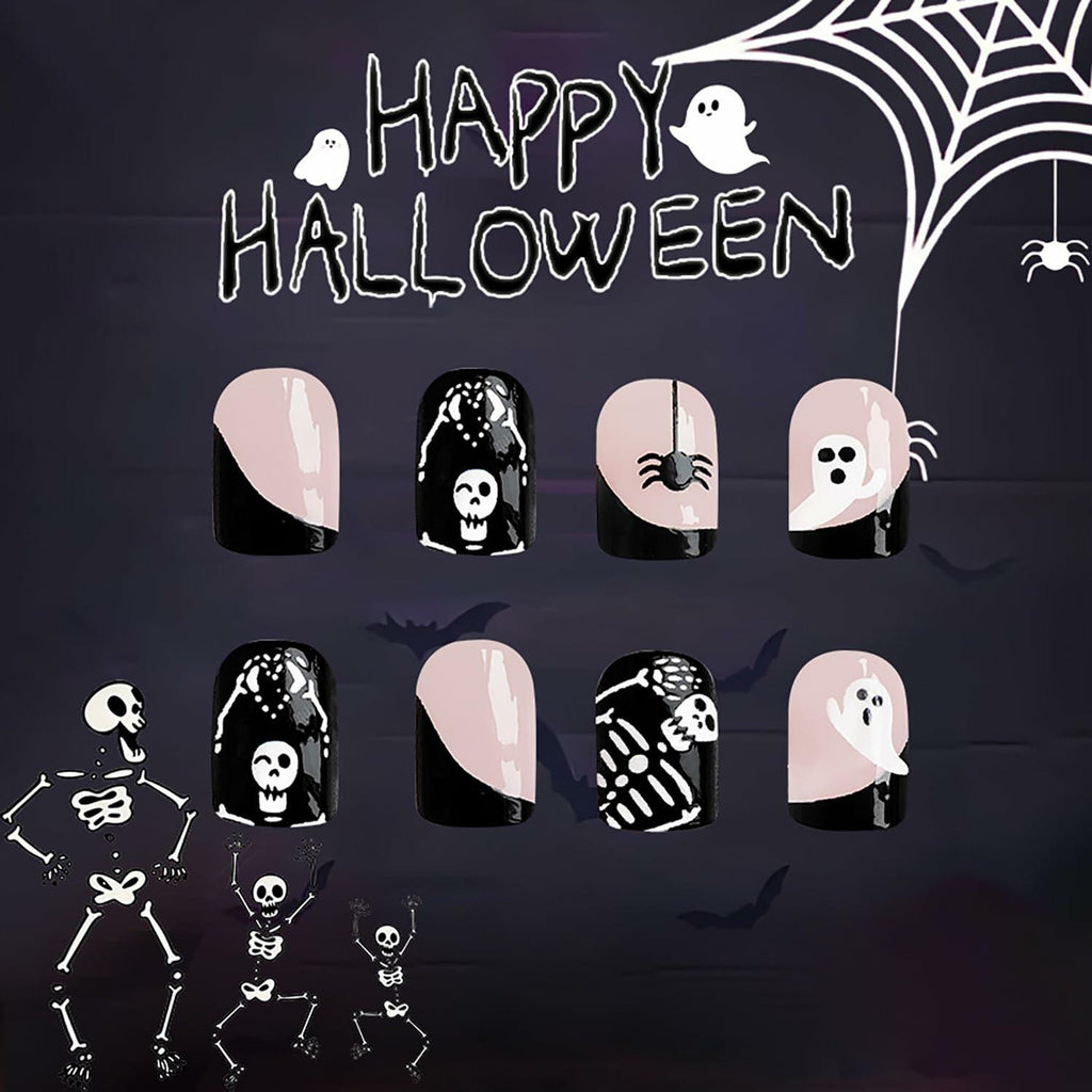 24Pcs French Tip Press On Nails Short Square Ghost Spider Halloween Design