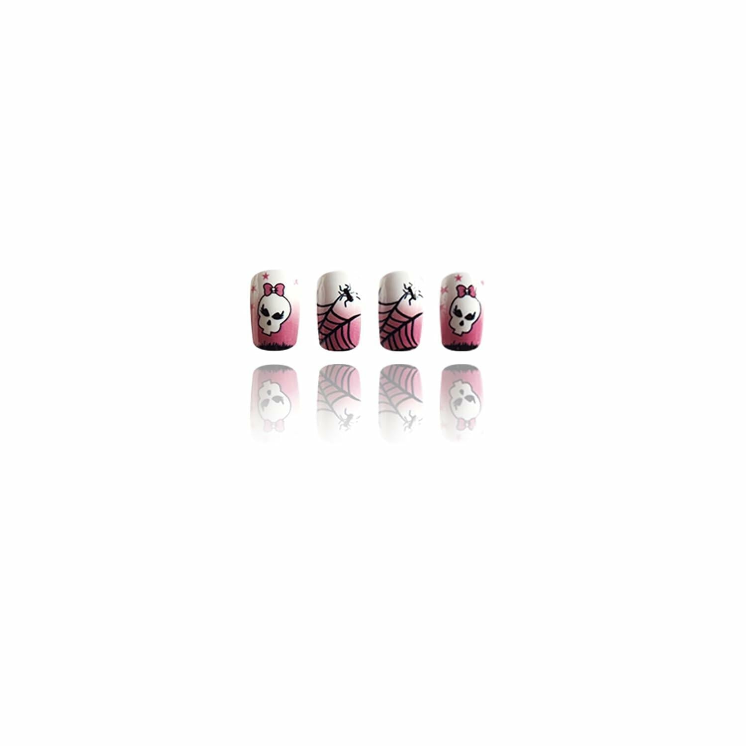 RIICFDD Halloween Spider Web Kawaii Skull Pink Gradient Short Square Nails 24