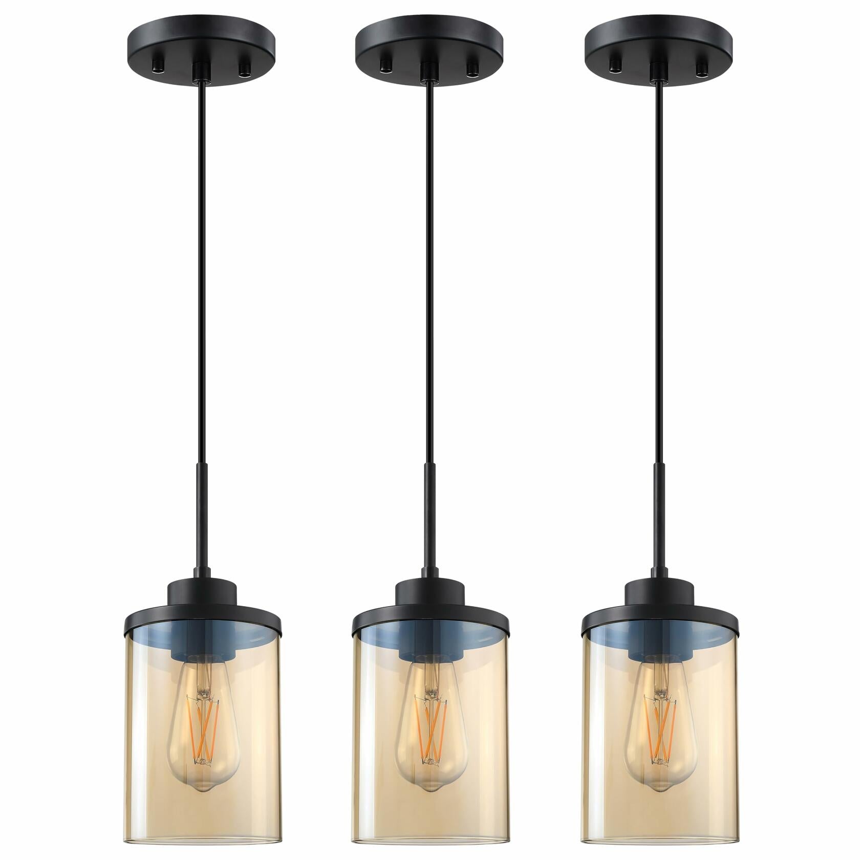 CJY CHENJINYAN 3 Pack 4.3" Amber Glass Pendant Lights Black Finish