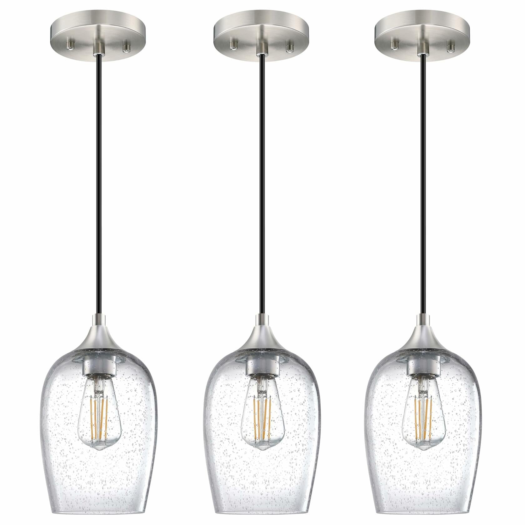 3 Pack Globe Pendant Light 5.1" Clear Seeded Glass Brushed Nickel Modern