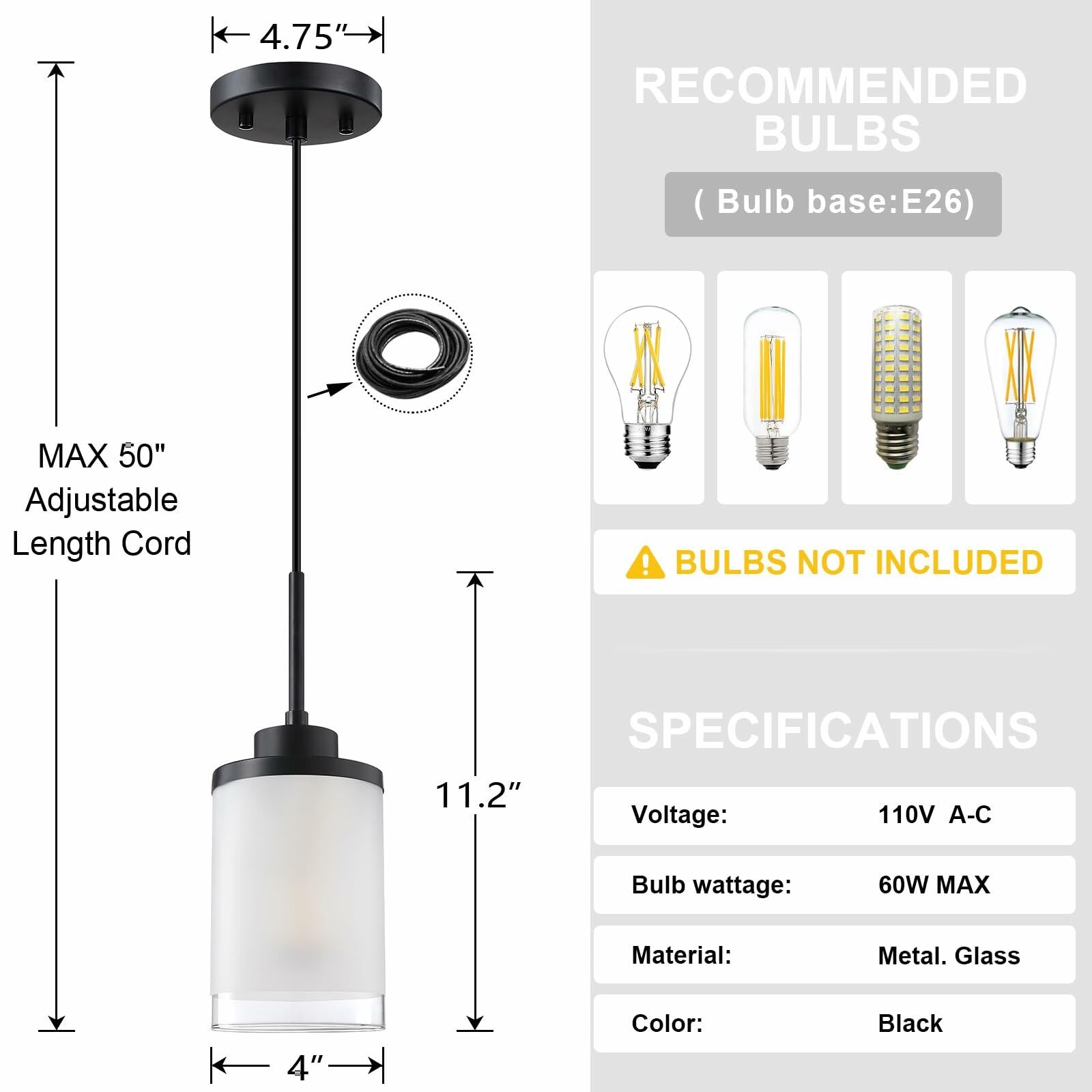 Doraimy 3-Pack 3.9" Grey Glass Pendant Lights Black Finish Modern Farmhouse