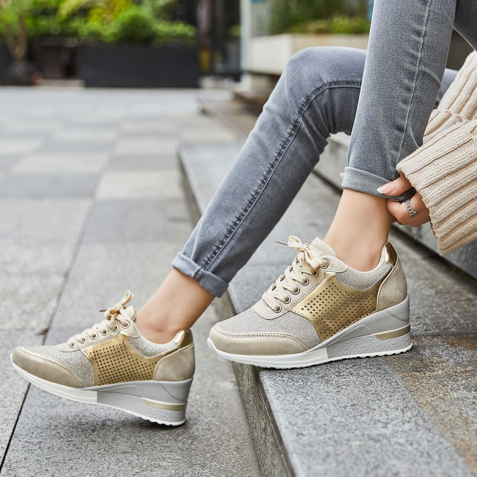 Gold High Heel Wedge Sneakers SM1-GOLD-6.5A Women Lace Up New