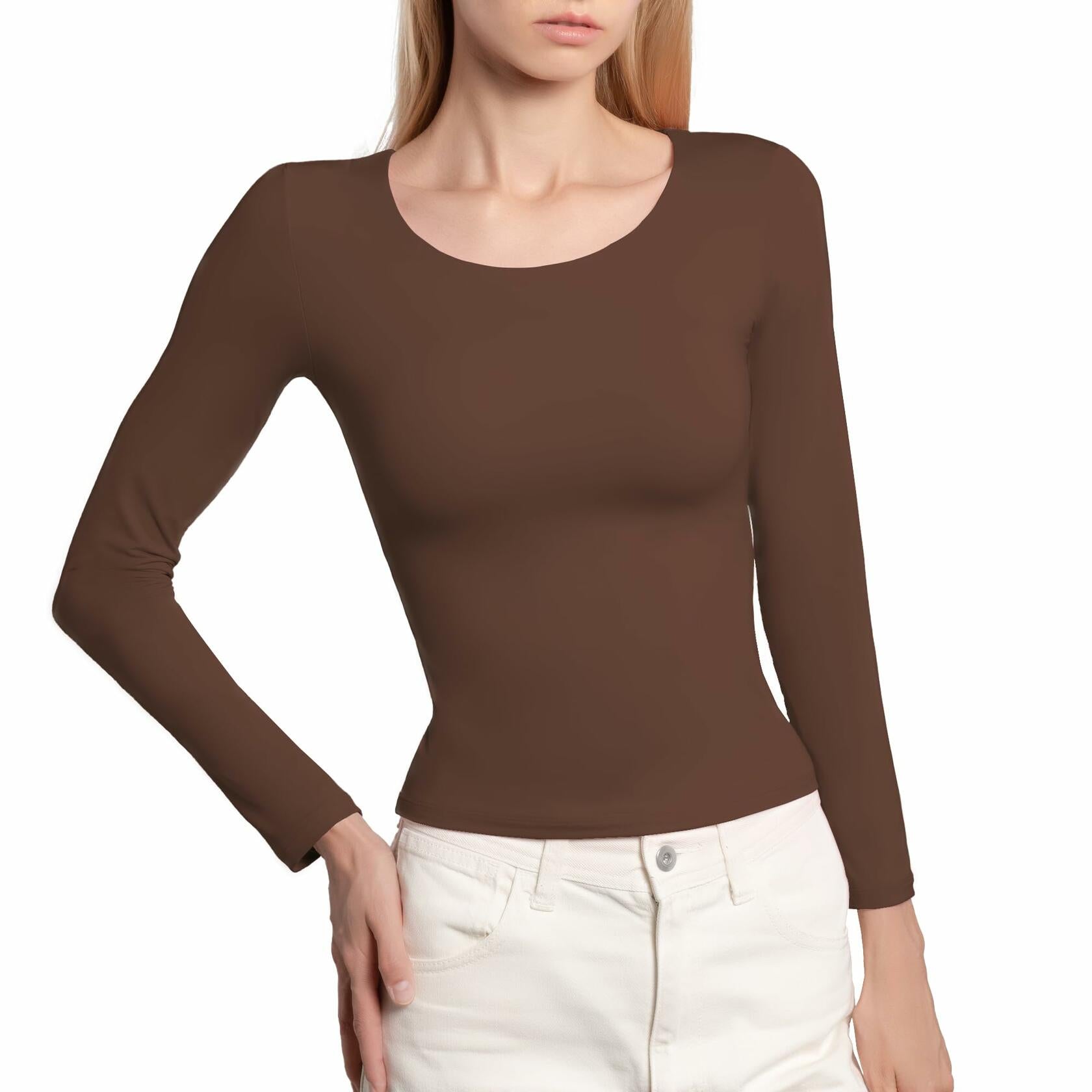 BRISIRA Women's Brown Long Sleeve Crop Top Slim Fit Scoop Neck Tee - Size M