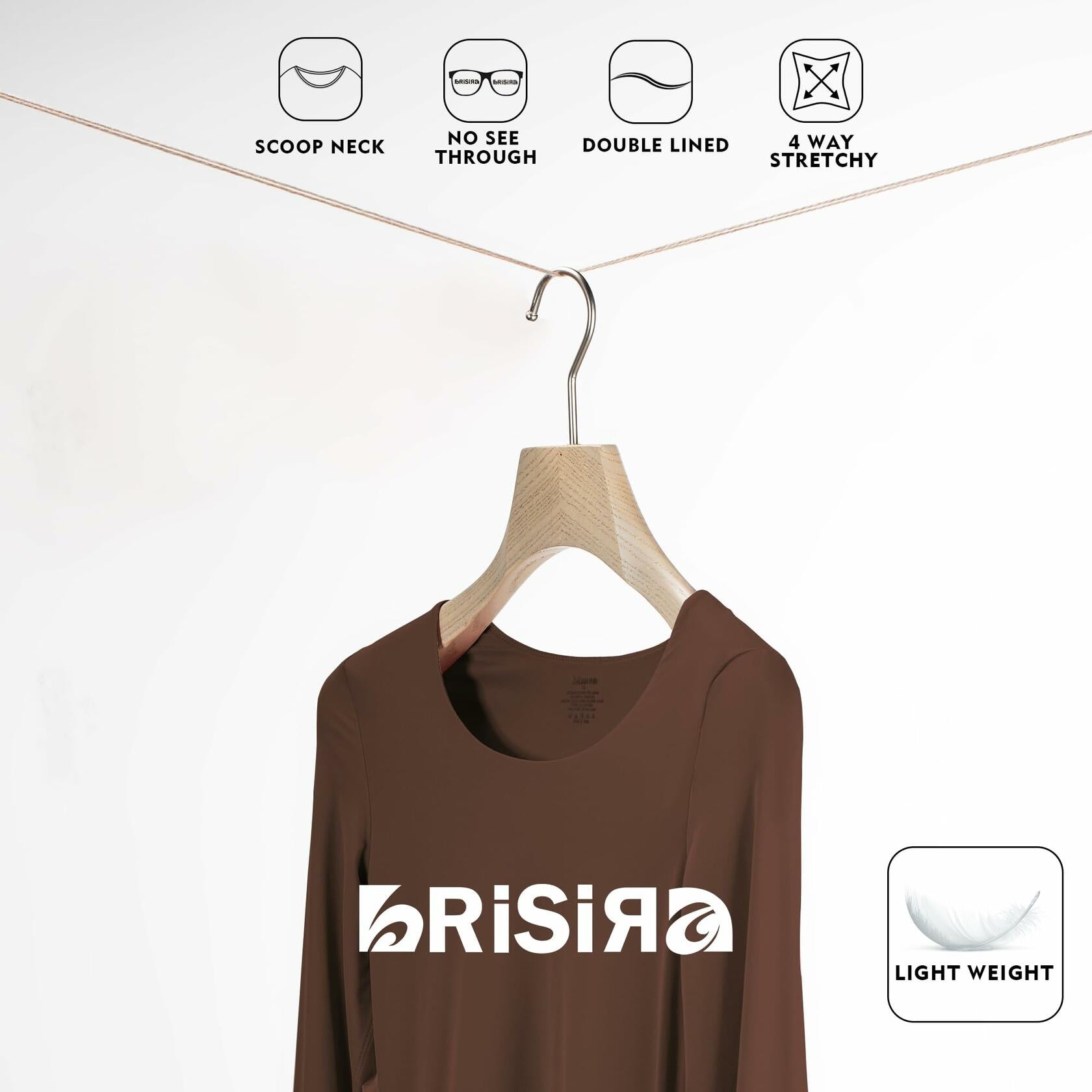BRISIRA Women's Brown Long Sleeve Crop Top Slim Fit Scoop Neck Tee - Size M
