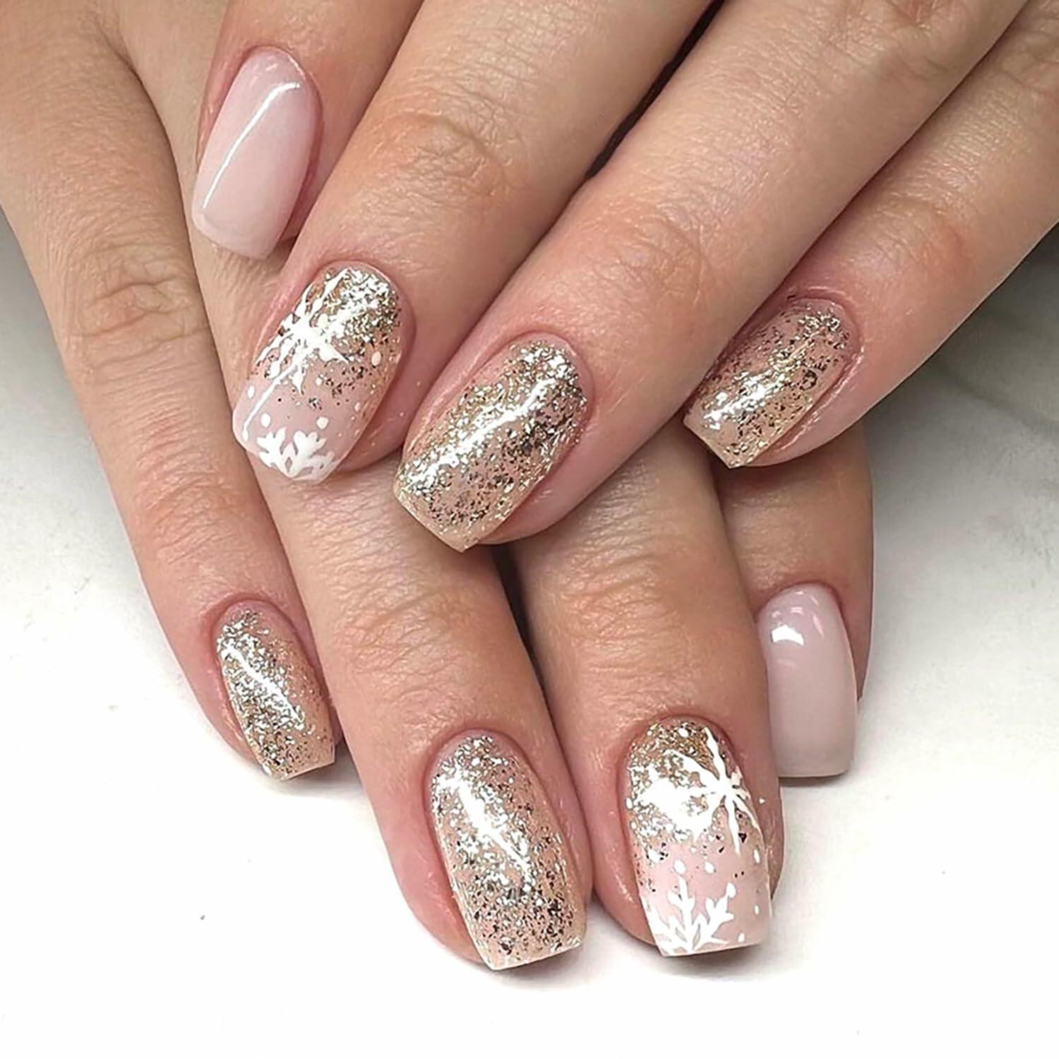 24 Pcs Medium Christmas Press-on Nails Glossy Design Square with Glue