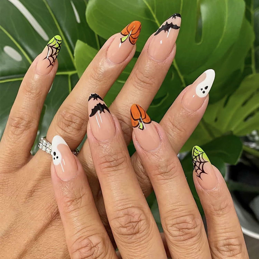 24 Pcs Halloween Acrylic Press On Nails Medium Almond Ghost Pumpkin Bat Design