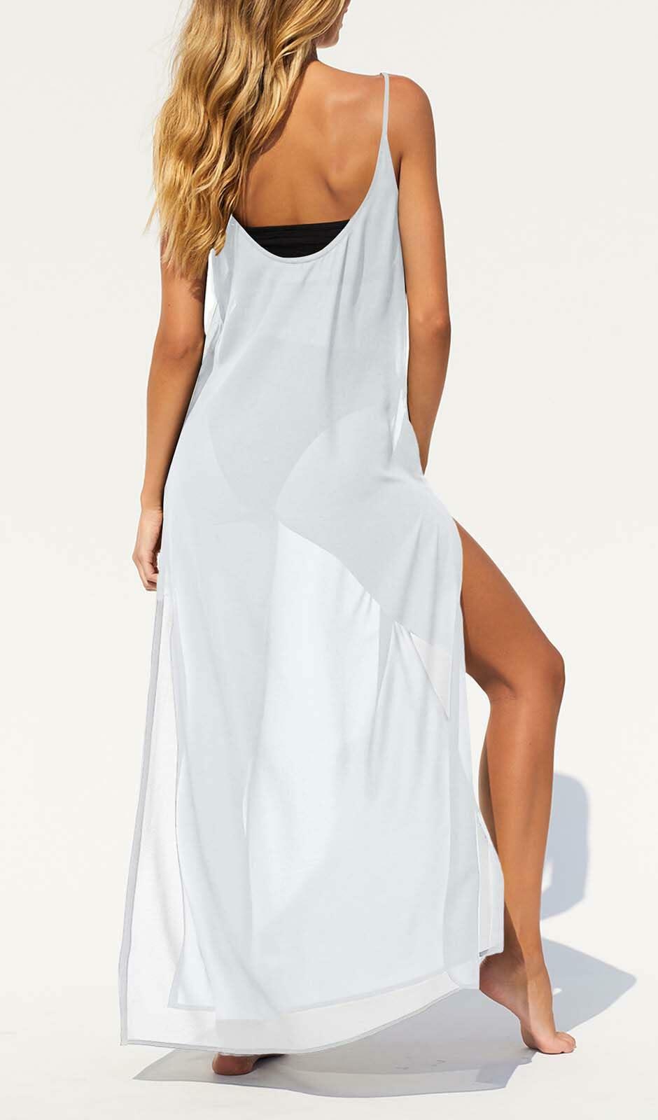 BWQ Women Bikini Coverup White Sheer Spaghetti Straps XXL Beach Dress