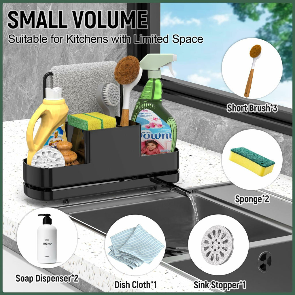 FUNKYLEE Kitchen Sink Sponge Holder Caddy with Brush Holder & Soap Dispenser