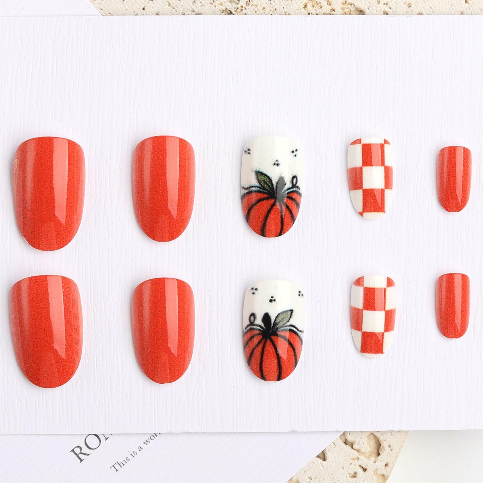 Fall Press On Nails 24Pc Short Square Pumpkin Plaid Design Stick Glue