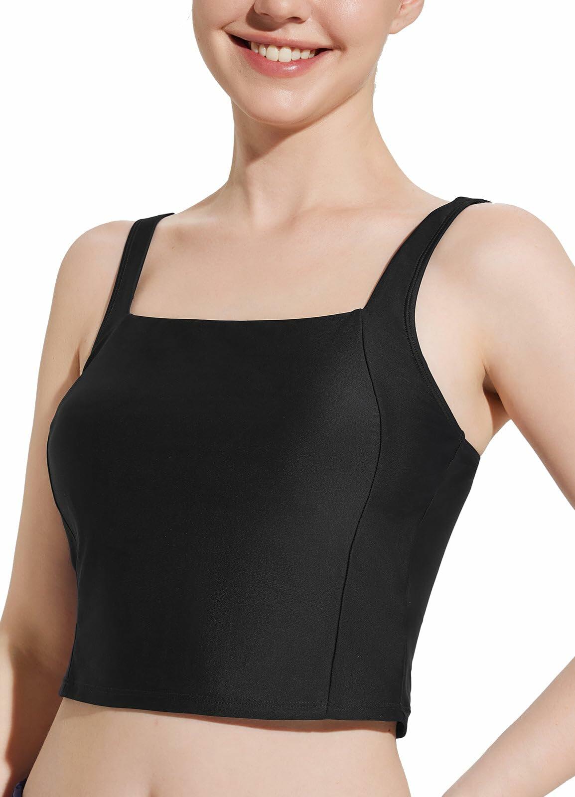 baleaf Women's Swim Top Modest Square Neck Tankini Black Size 36 Built-in Bra