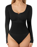 MANGOPOP Ribbed Long Sleeve Seamless Thong Bodysuit Black Size L