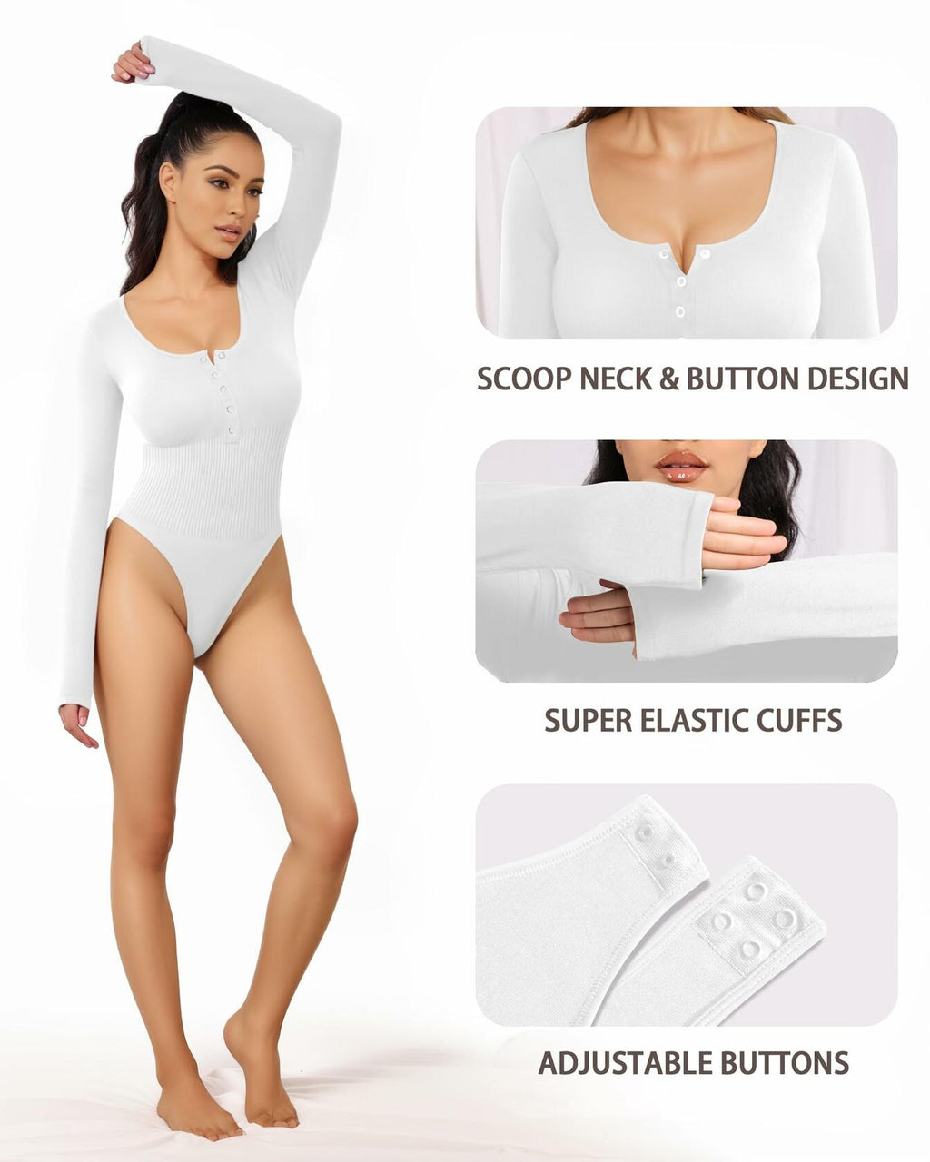 MANGOPOP Ribbed Long Sleeve Bodysuit Tummy Control Thong Seamless