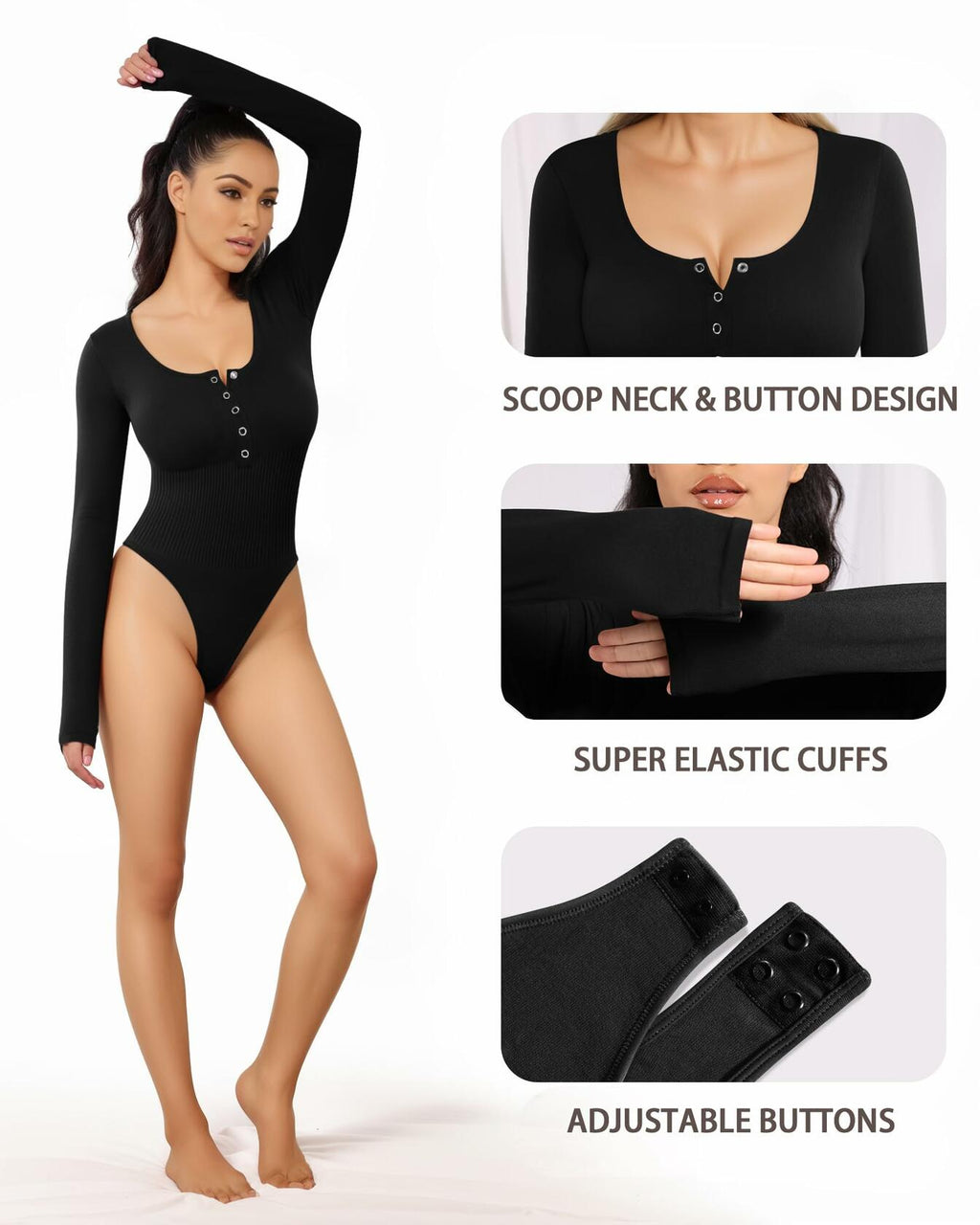 MANGOPOP Ribbed Long Sleeve Seamless Thong Bodysuit Black Size L