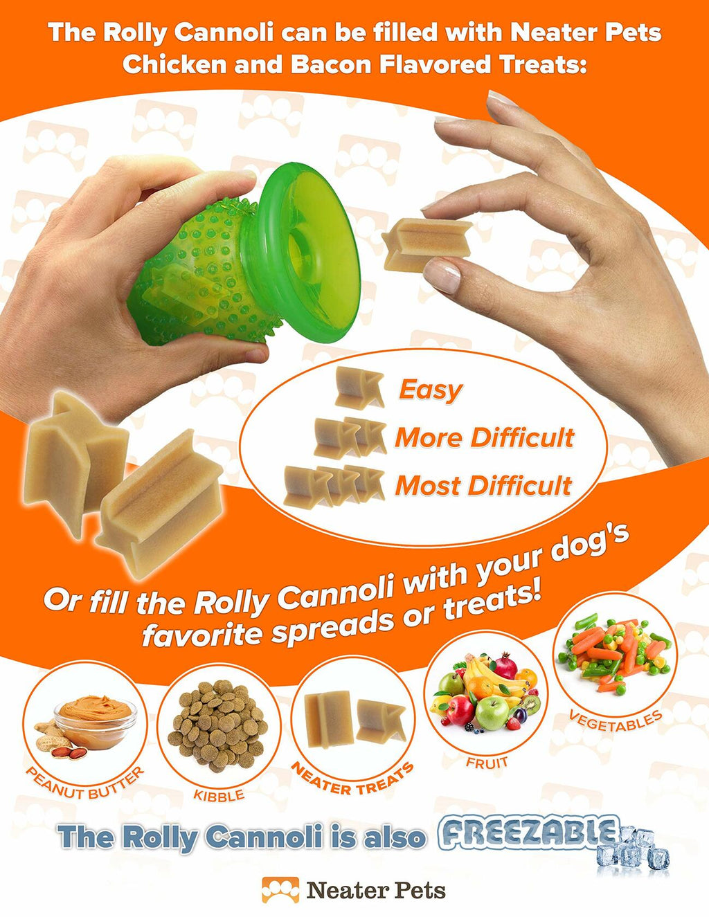 NEATER PET BRANDS Rolly Cannoli Large Classic Orange Mess Proof Treat Toy