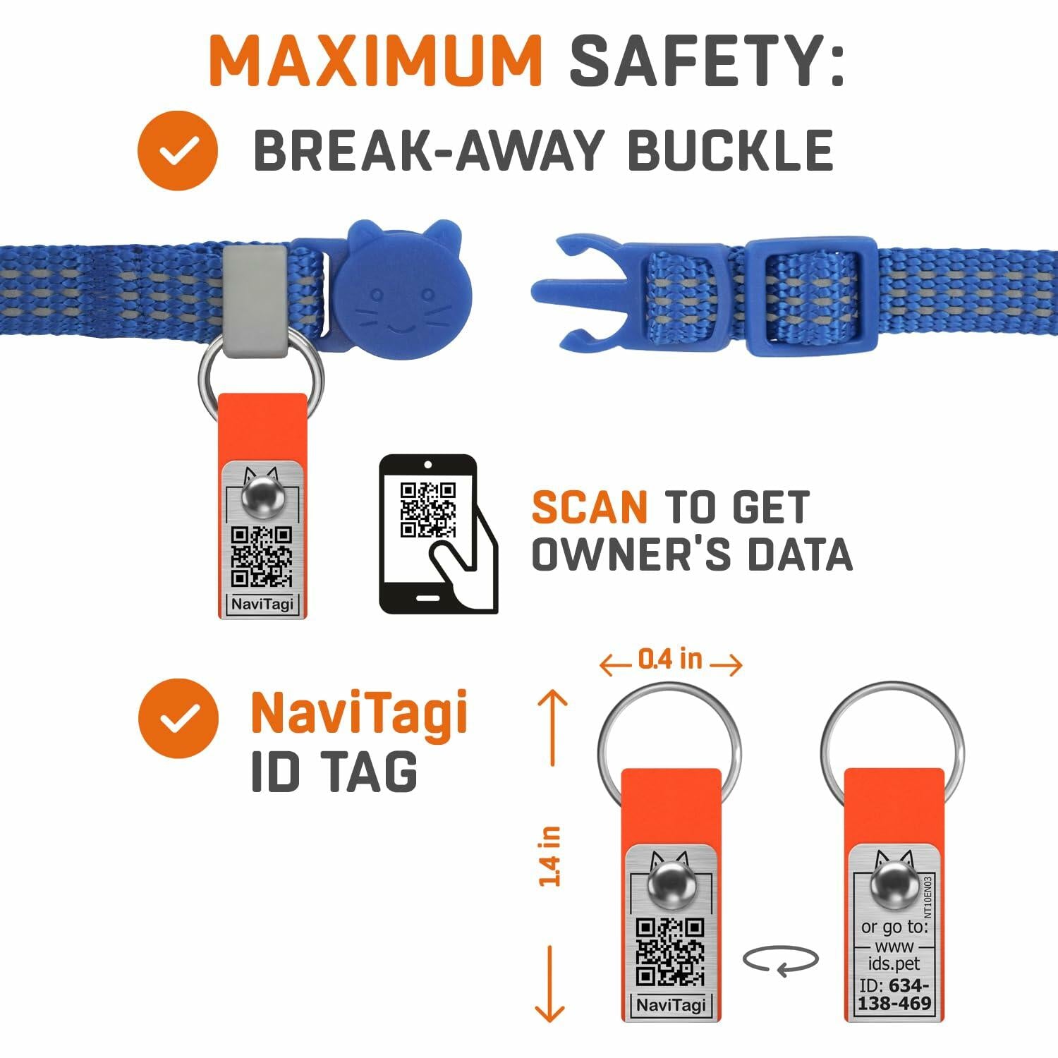 NaviTagi Cat Breakaway Collar XS Orange Reflective Soft Adjustable Bell