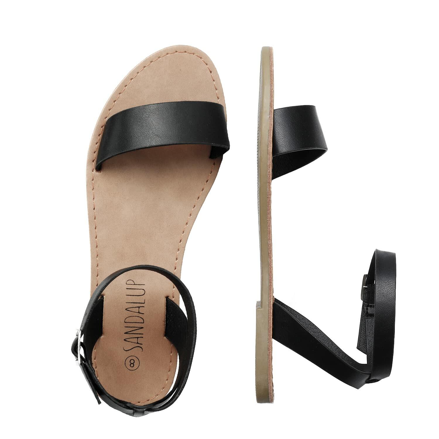 SANDALUP Women's Soft Faux Leather Open Toe Ankle Strap Flat Sandals 8.5