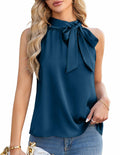 Women Sleeveless Tie Mock Neck Blouse Blue Lightweight Dressy Top Size XXL
