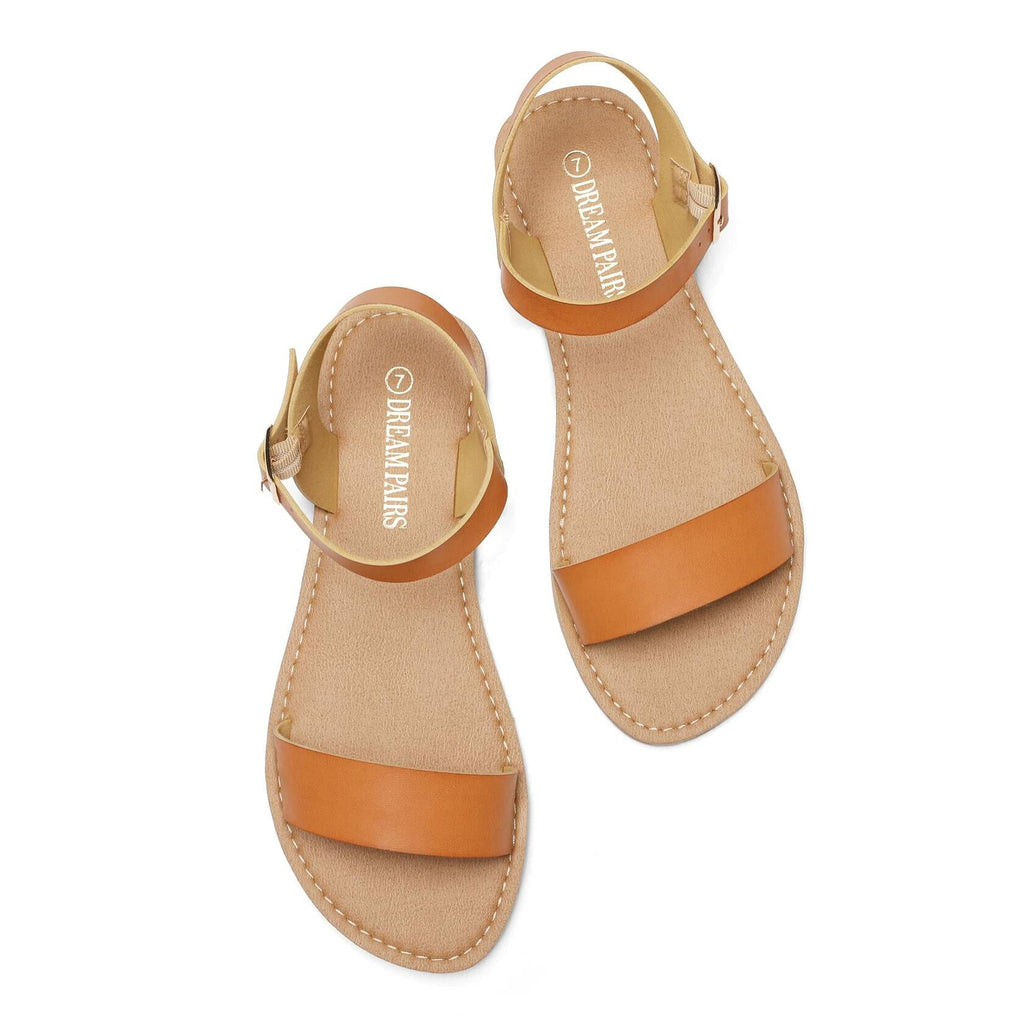 DREAM PAIRS Women's Ankle Strap Flat Sandals Open Toes Size 6.5 Tan HOBOO
