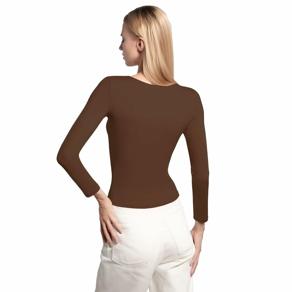 BRISIRA Women's Brown Long Sleeve Scoop Neck Crop Top Slim Fit Size S