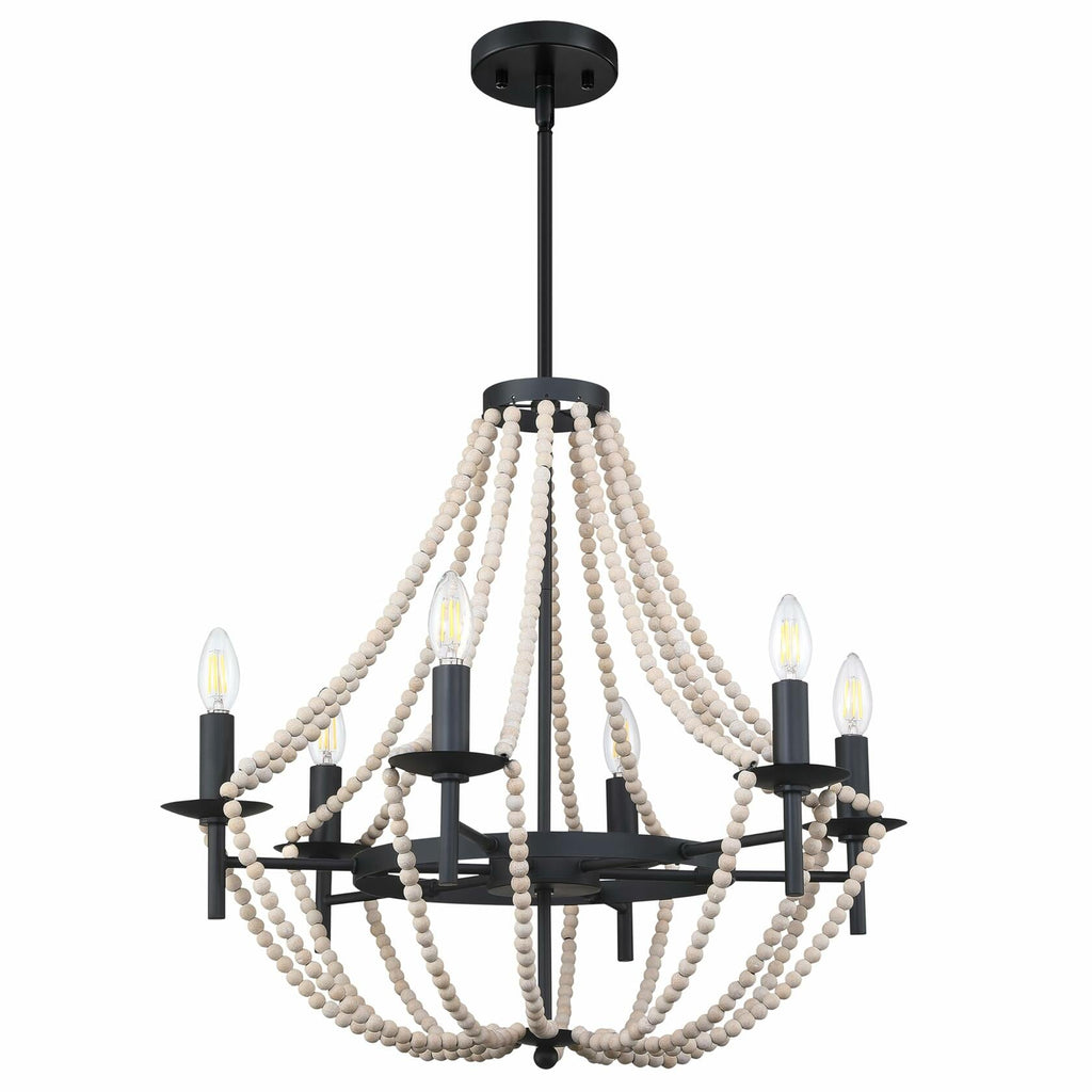 3-Light Pendant Chandelier Nature Wood Beaded Boho Black Semi Flush 12x10.5"