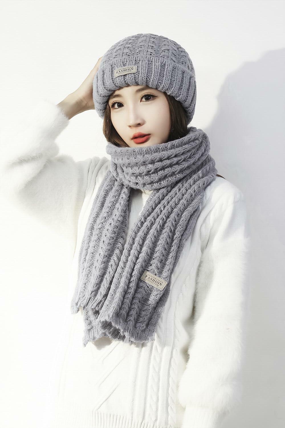 Wander Agio Women's Winter Wool Knit Beanie & Scarf Set Black 1