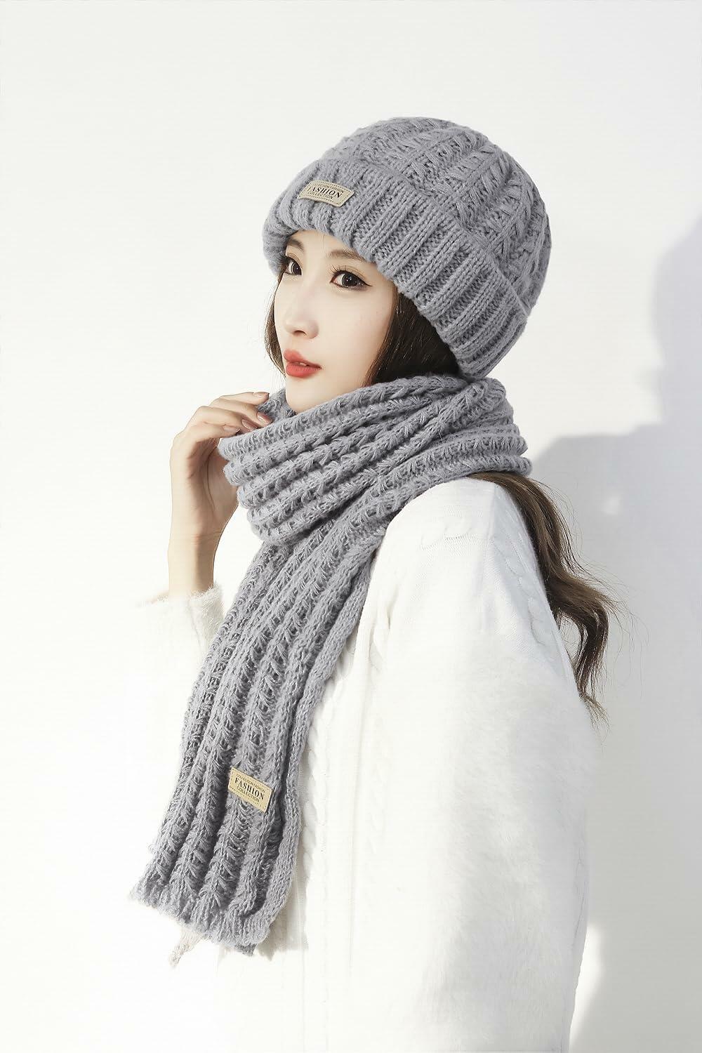 Wander Agio Women's Winter Wool Knit Beanie & Scarf Set Black 1