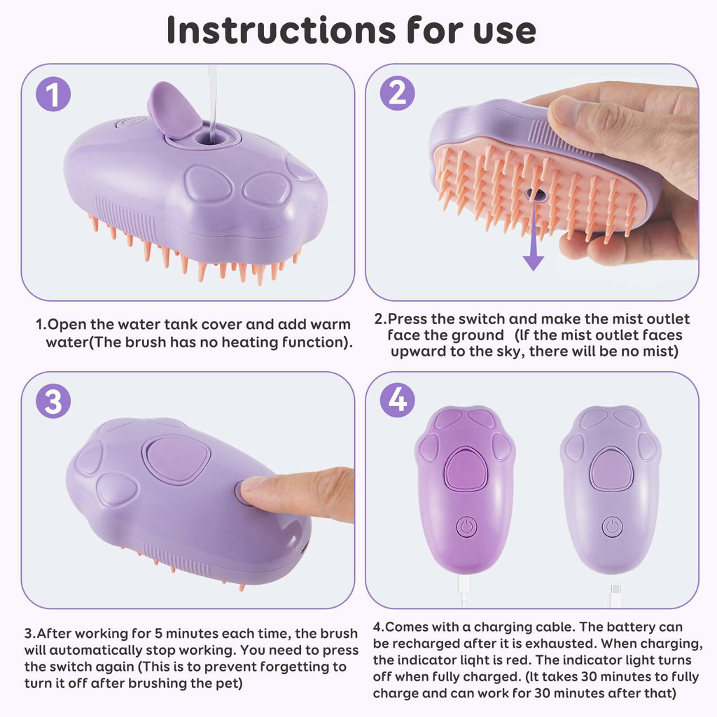 Cat Steam Brush Purple 2nd Gen Self-Cleaning Pet Hair Remover Shedding Tool