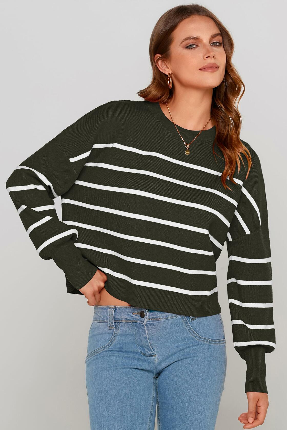 PRETTYGARDEN Women's White Fall Cropped Striped Sweater Oversized Size L