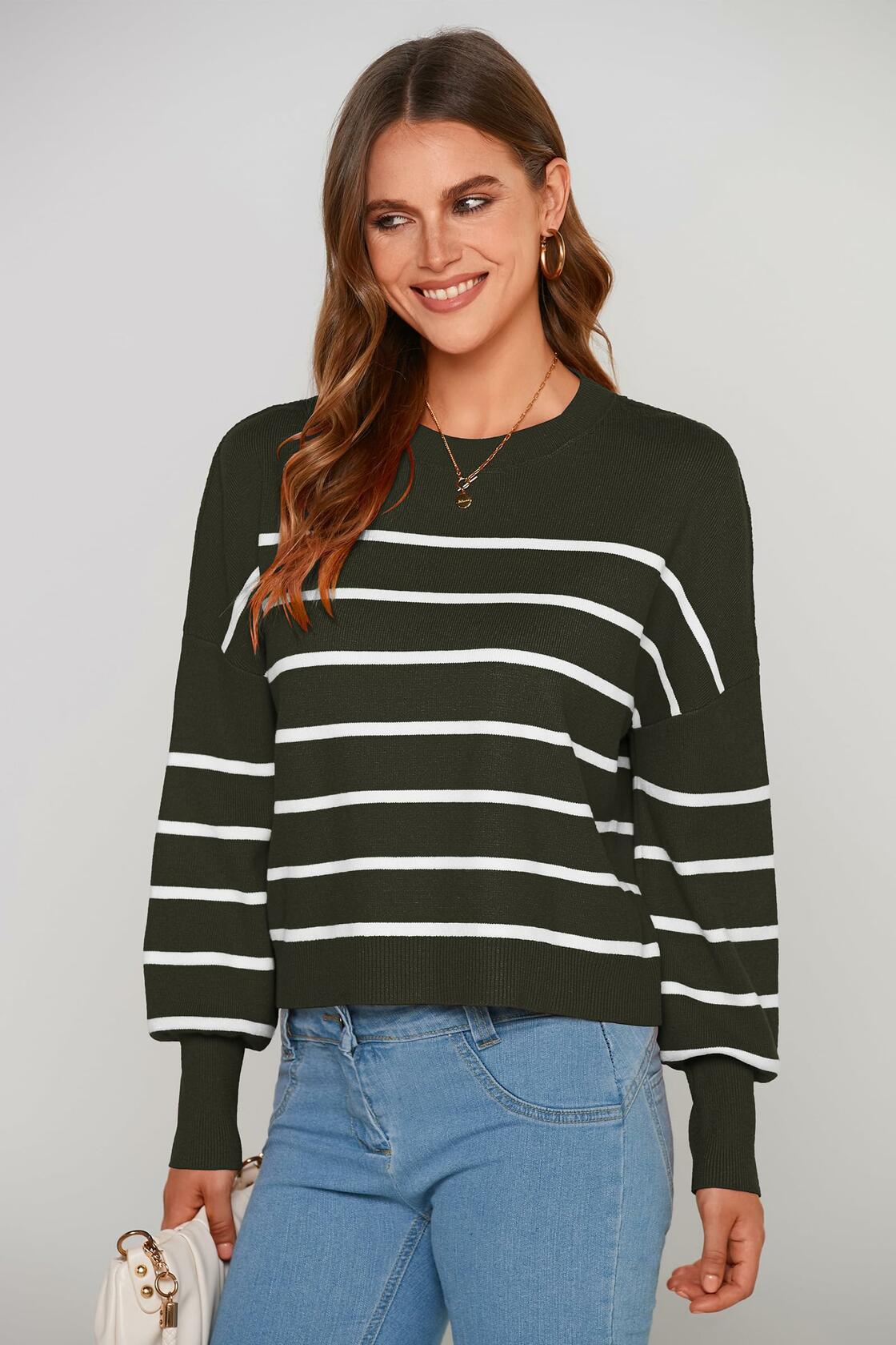 PRETTYGARDEN Women's White Fall Cropped Striped Sweater Oversized Size L