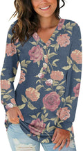 BISHUIGE Womens XL Long Sleeve Henley Tunic Top Blue Red White Roses Size XL