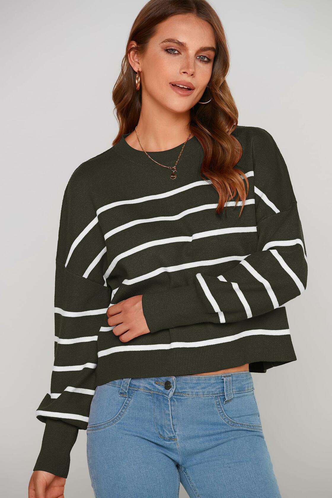 PRETTYGARDEN Women's White Fall Cropped Striped Sweater Oversized Size L