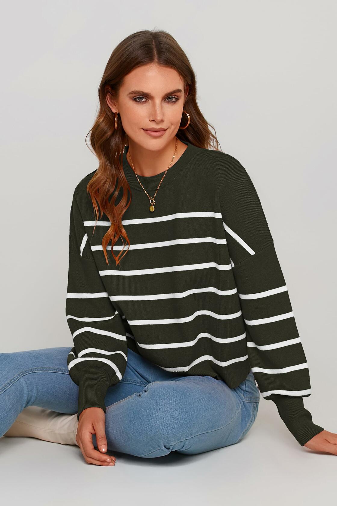 PRETTYGARDEN Women's White Fall Cropped Striped Sweater Oversized Size L