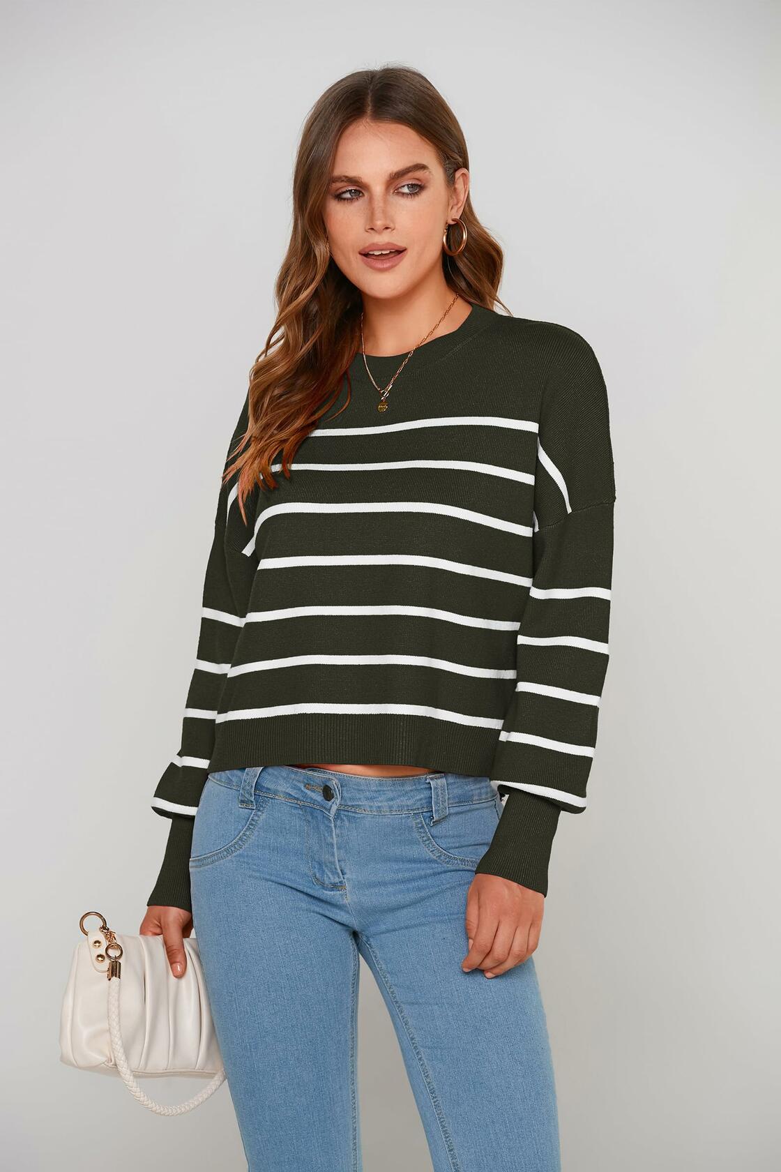 PRETTYGARDEN Women's White Fall Cropped Striped Sweater Oversized Size L