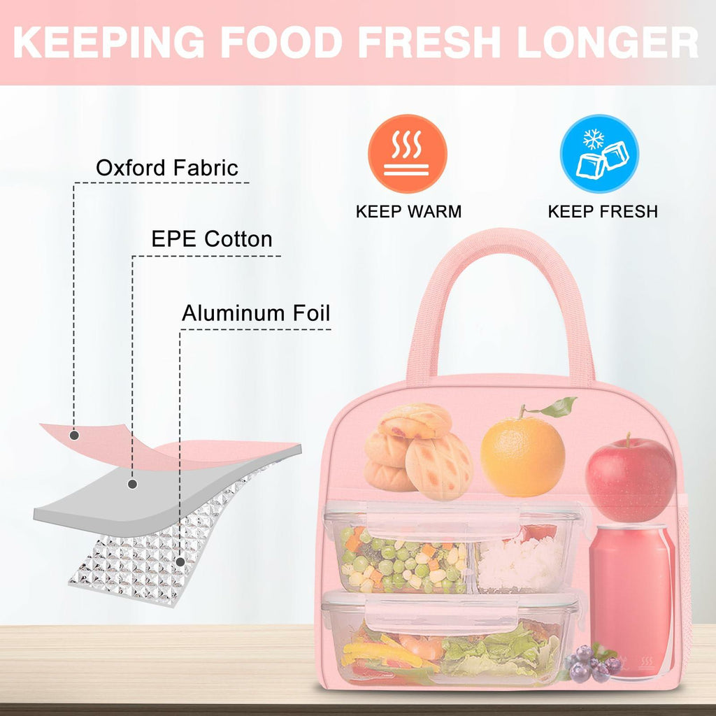 KUBYA Insulated Lunch Bag Pink Reusable Tote for Women Men Office Travel Picnic