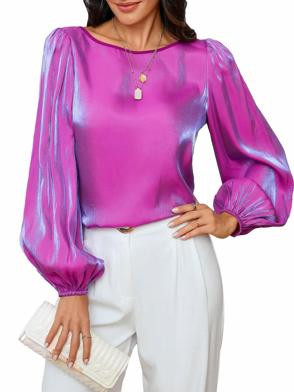 MakeMeChic Satin Blouse Purple M Women's Long Sleeve Round Neck Top