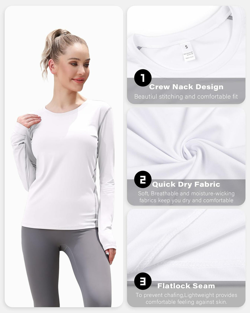 WANAYOU Women's Compression Shirt Long Sleeve Dry Fit White 2 Pack Size L