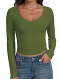 Artfish Women's Ribbed V Neck Crop Top Long Sleeve Slim Fit Olive Green L