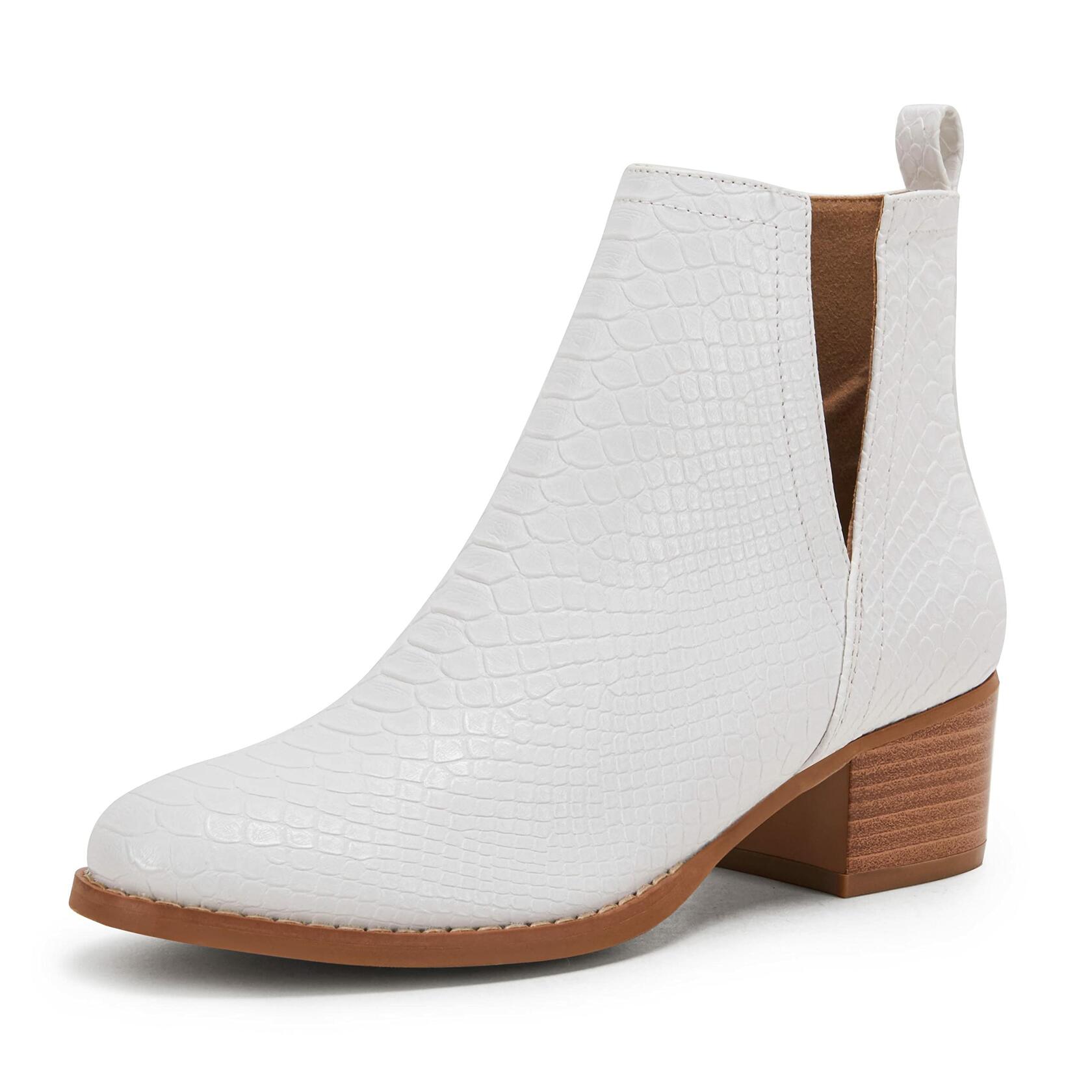 LAICIGO Womens Ankle Boots Slip-On Snakeskin Chunky Stacked Low Heel