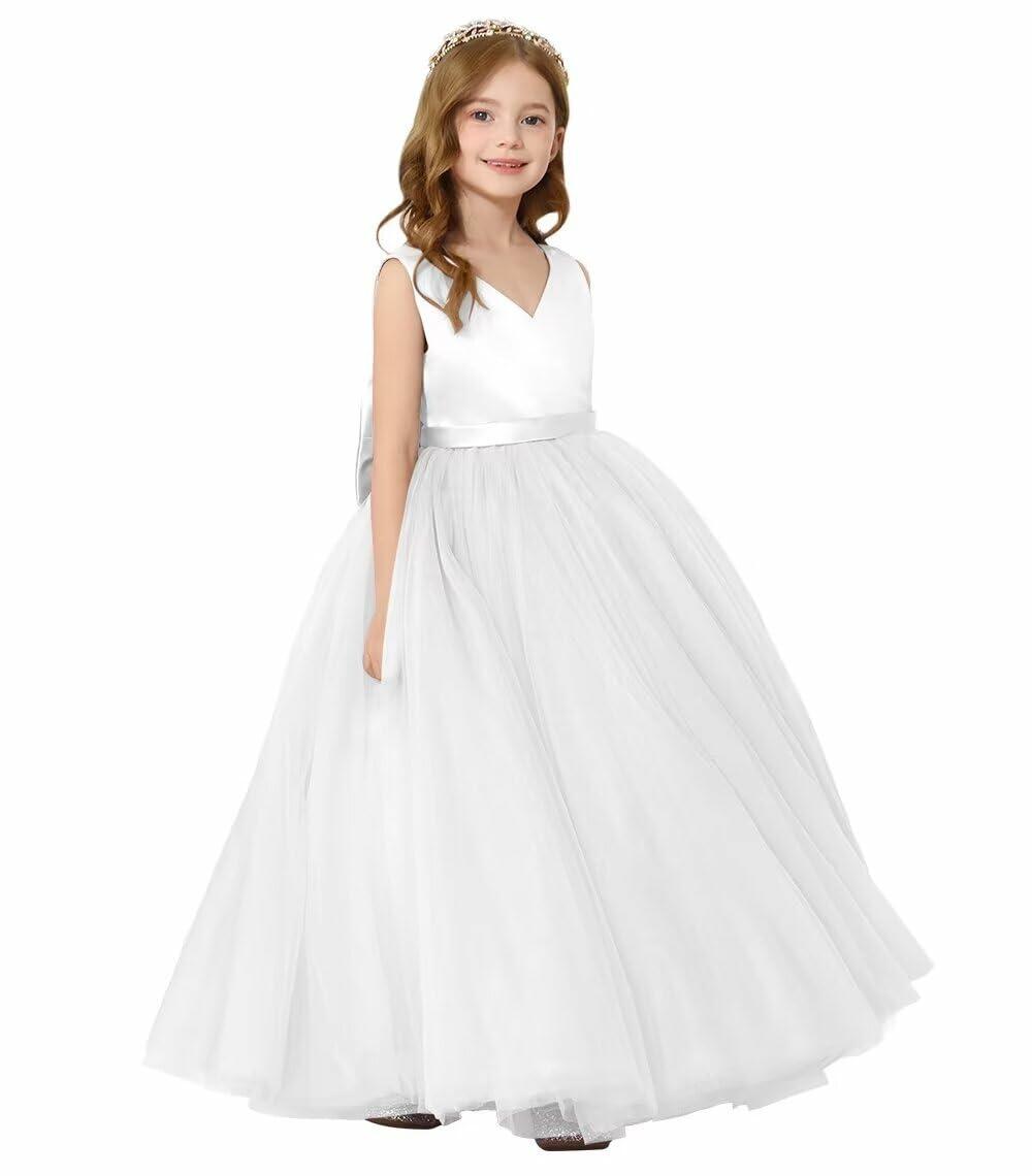 JISISANG Toddler Flower Girl Dress White Backless Bow-Knot Satin Size 06