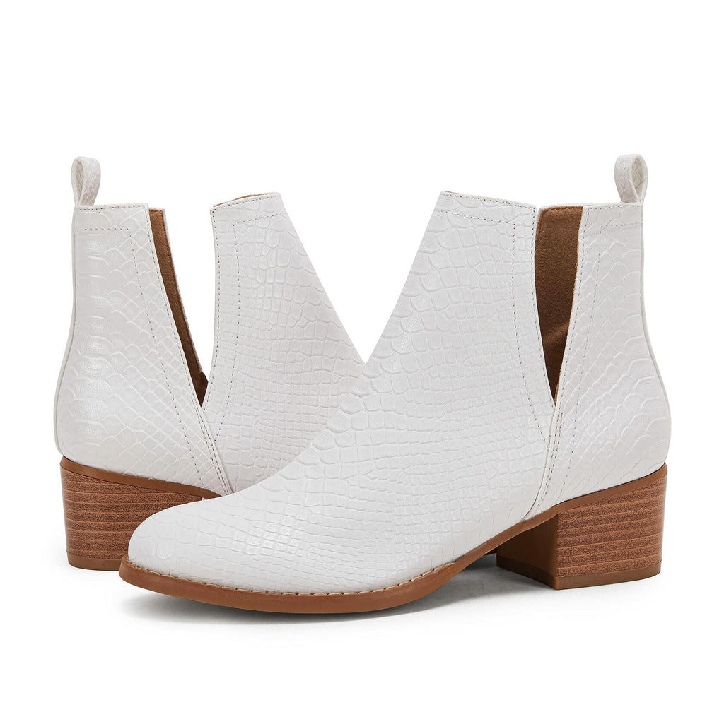 LAICIGO Womens Ankle Boots Slip-On Snakeskin Chunky Stacked Low Heel