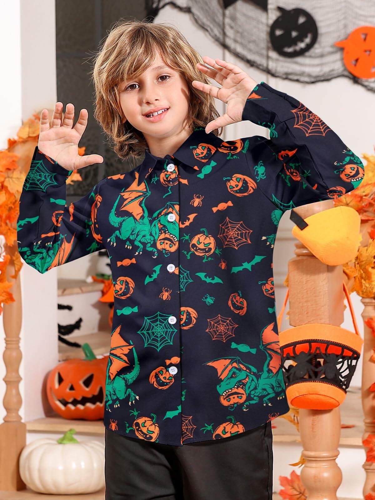 Halloween Dinosaur Shirt Boys 11-12 Long Sleeve Pumpkin Button Up
